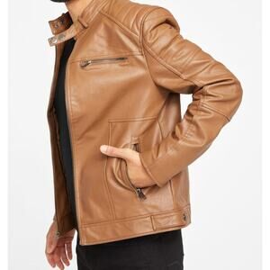 Guess Brown mens Motorcycle Jacket M- removable inside/Hood retails $130